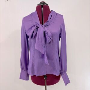 Jones NY Silk Satin Purple Bow Flutter Silk Blouse Fall Long-Sleeved sz 4